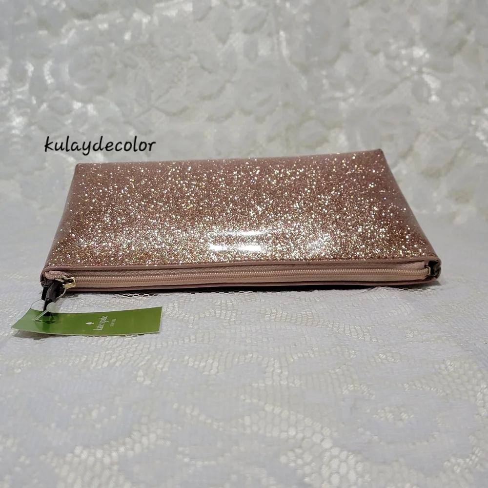 Kate Spade Clutch Makeup Bag Little Shilo Rose Gold Glitter Cosmetic Pouch NWT